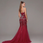 Crimson Red Mermaid Evening Gown with Crystal Embellishments, Corset Bodice, Spaghetti Straps, High Slit and Tulle Train