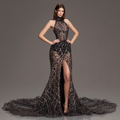 Black Halter Neck Mermaid Gown with Sheer Illusion Bodice, Crystal Embellishments, High Slit and Sparkling Tulle Train