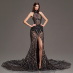 Black Halter Neck Mermaid Gown with Sheer Illusion Bodice, Crystal Embellishments, High Slit and Sparkling Tulle Train