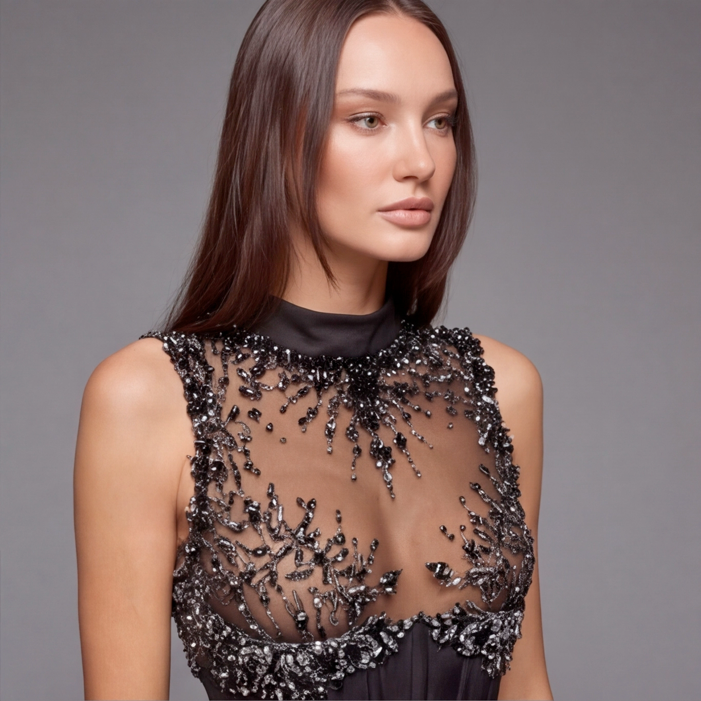 Black Illusion Corset Mermaid Gown with High Neck, Sheer Embroidered Bodice, Crystal Embellishments, High Slit and Dramatic Tulle Train