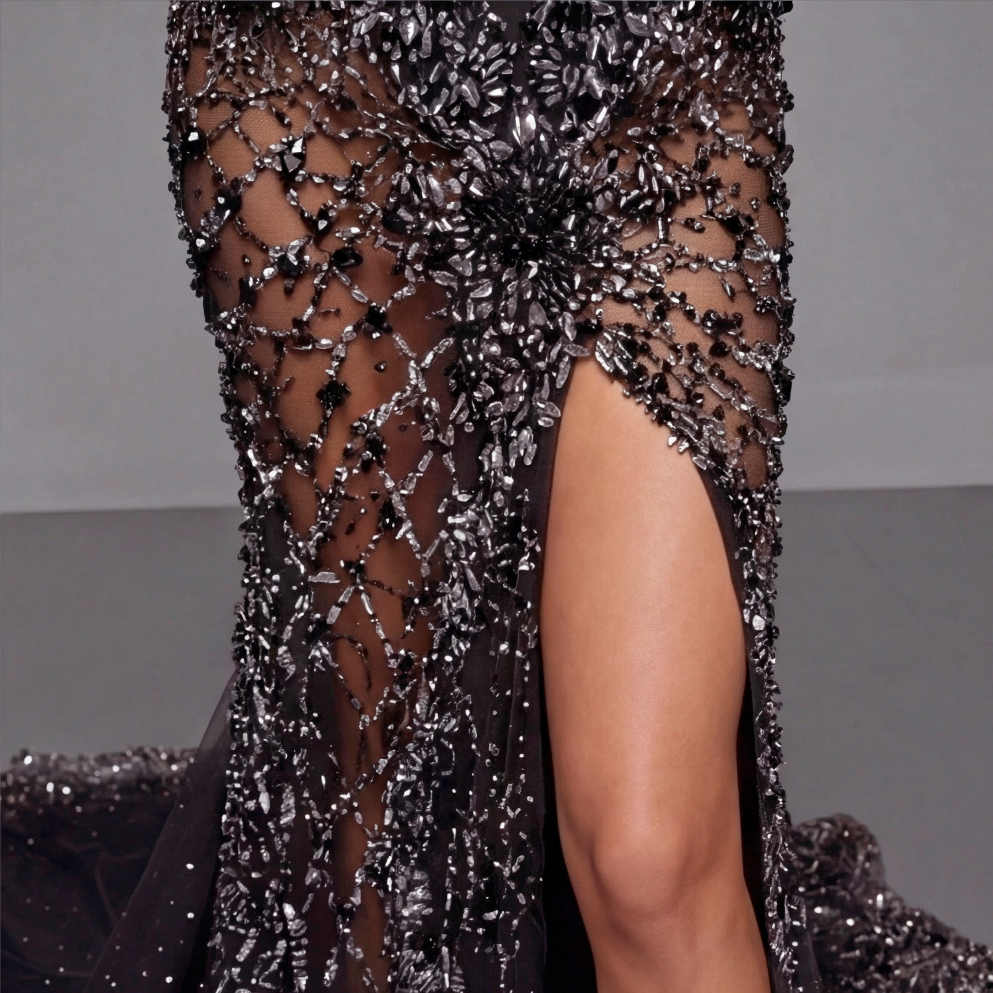 Black Illusion Corset Mermaid Gown with High Neck, Sheer Embroidered Bodice, Crystal Embellishments, High Slit and Dramatic Tulle Train