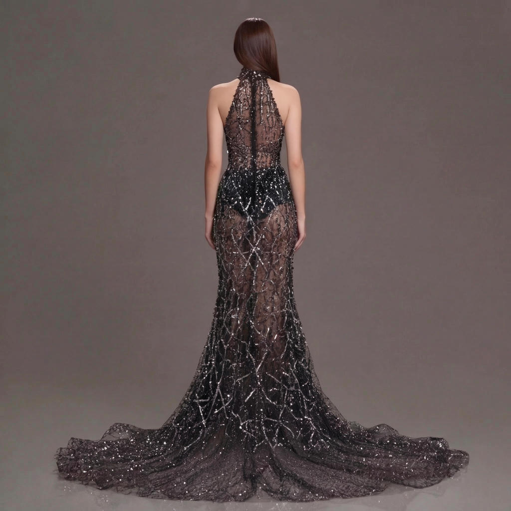 Black Halter Neck Mermaid Gown with Sheer Illusion Bodice, Crystal Embellishments, High Slit and Sparkling Tulle Train
