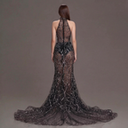 Black Halter Neck Mermaid Gown with Sheer Illusion Bodice, Crystal Embellishments, High Slit and Sparkling Tulle Train