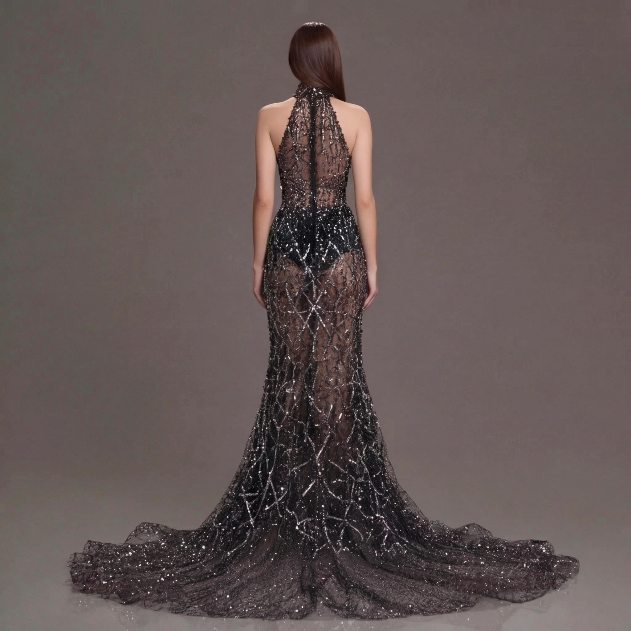 Black Halter Neck Mermaid Gown with Sheer Illusion Bodice, Crystal Embellishments, High Slit and Sparkling Tulle Train