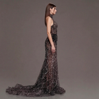 Black Halter Neck Mermaid Gown with Sheer Illusion Bodice, Crystal Embellishments, High Slit and Sparkling Tulle Train