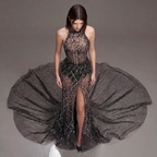 Black Halter Neck Mermaid Gown with Sheer Illusion Bodice, Crystal Embellishments, High Slit and Sparkling Tulle Train