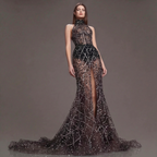 Black Halter Neck Mermaid Gown with Sheer Illusion Bodice, Crystal Embellishments, High Slit and Sparkling Tulle Train