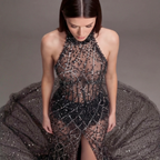 Black Halter Neck Mermaid Gown with Sheer Illusion Bodice, Crystal Embellishments, High Slit and Sparkling Tulle Train
