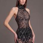 Black Halter Neck Mermaid Gown with Sheer Illusion Bodice, Crystal Embellishments, High Slit and Sparkling Tulle Train