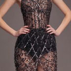 Black Halter Neck Mermaid Gown with Sheer Illusion Bodice, Crystal Embellishments, High Slit and Sparkling Tulle Train