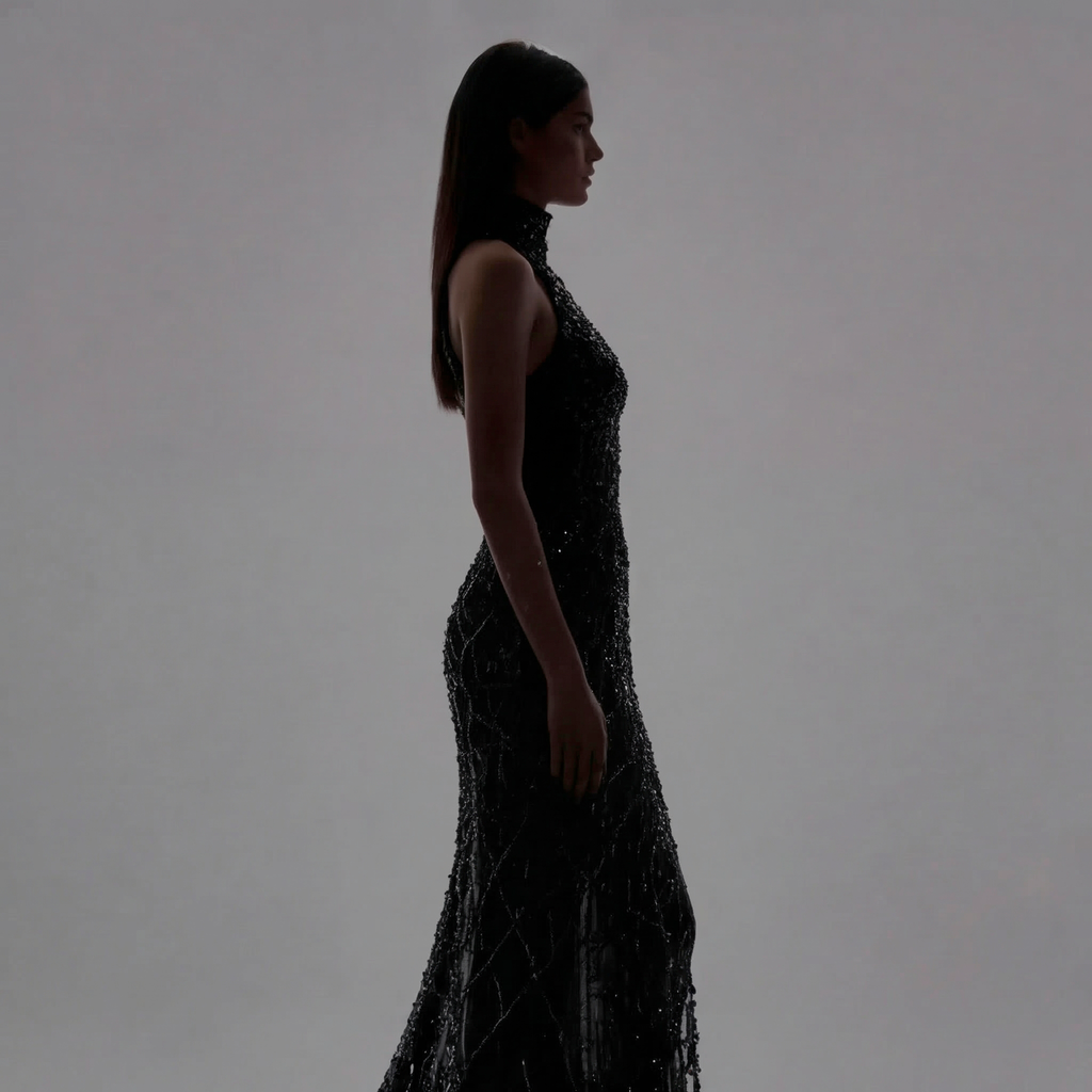 Black Halter Neck Mermaid Gown with Sheer Illusion Bodice, Crystal Embellishments, High Slit and Sparkling Tulle Train