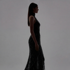 Black Halter Neck Mermaid Gown with Sheer Illusion Bodice, Crystal Embellishments, High Slit and Sparkling Tulle Train