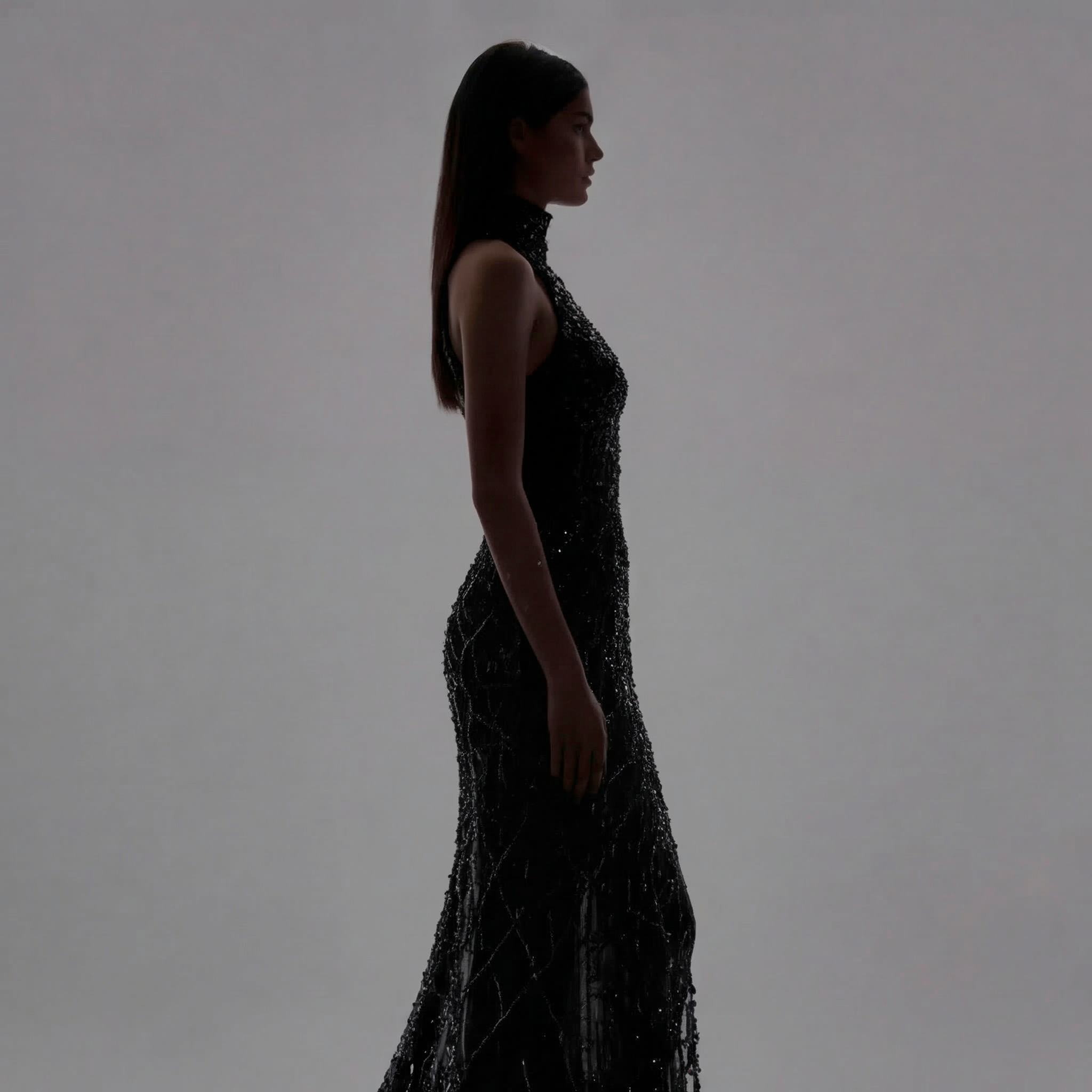 Black Halter Neck Mermaid Gown with Sheer Illusion Bodice, Crystal Embellishments, High Slit and Sparkling Tulle Train
