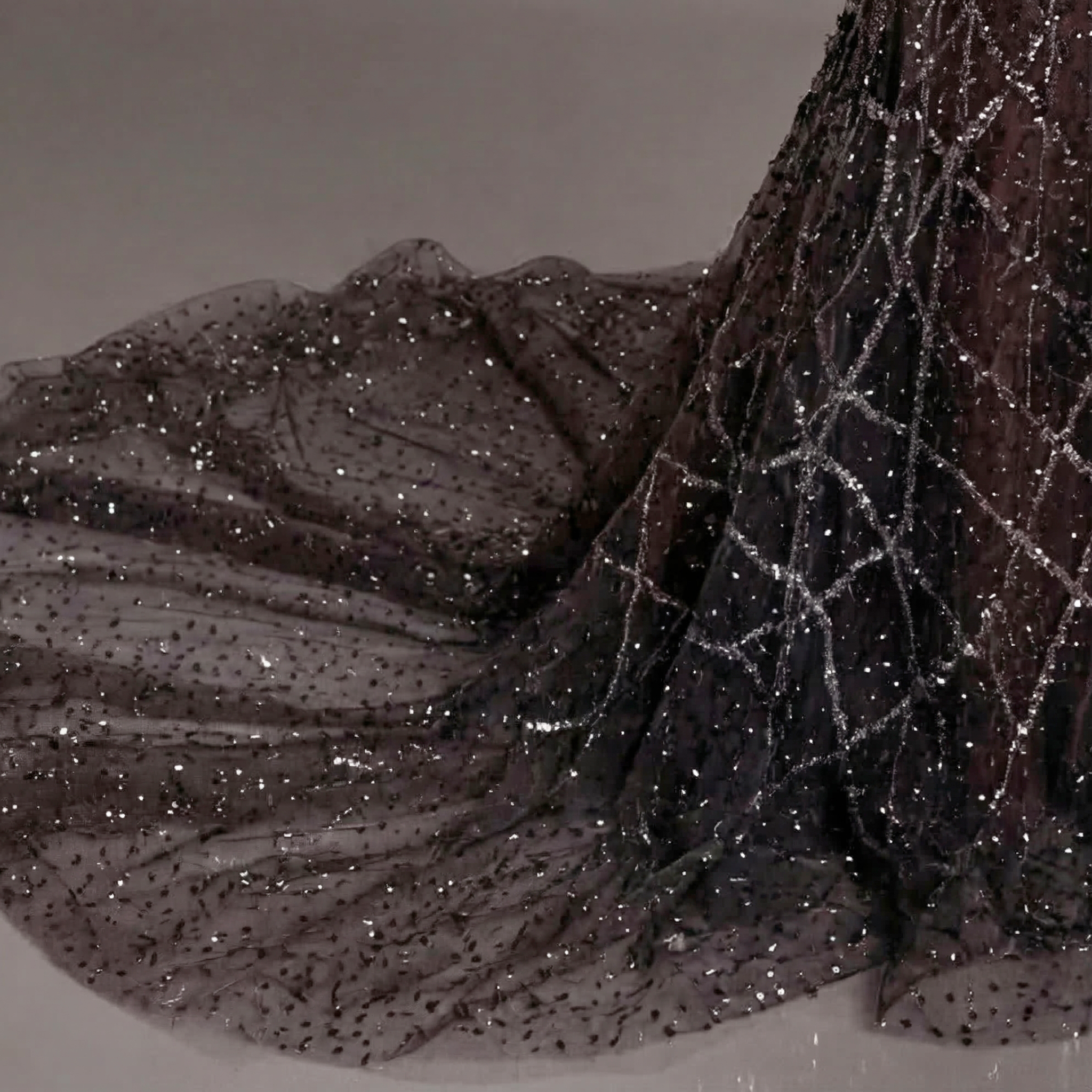 Black Halter Neck Mermaid Gown with Sheer Illusion Bodice, Crystal Embellishments, High Slit and Sparkling Tulle Train