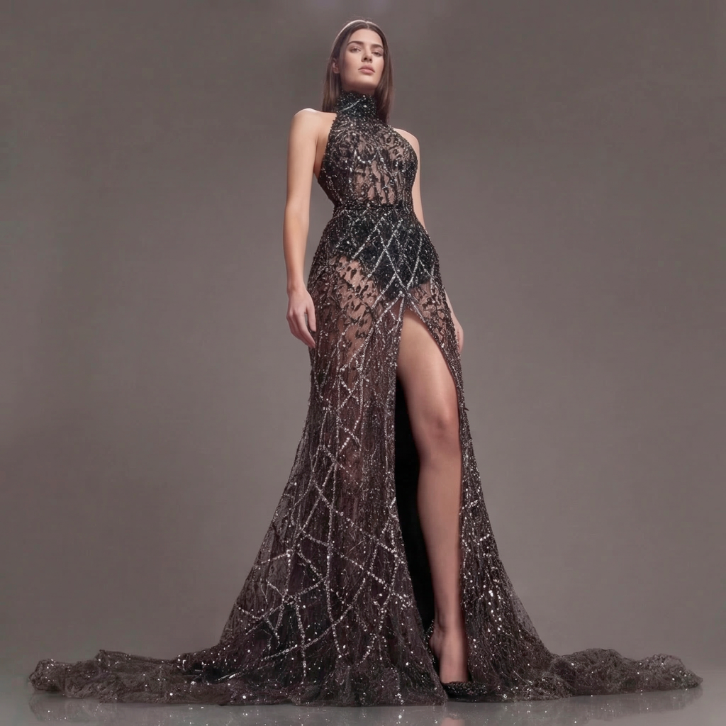 Black Halter Neck Mermaid Gown with Sheer Illusion Bodice, Crystal Embellishments, High Slit and Sparkling Tulle Train