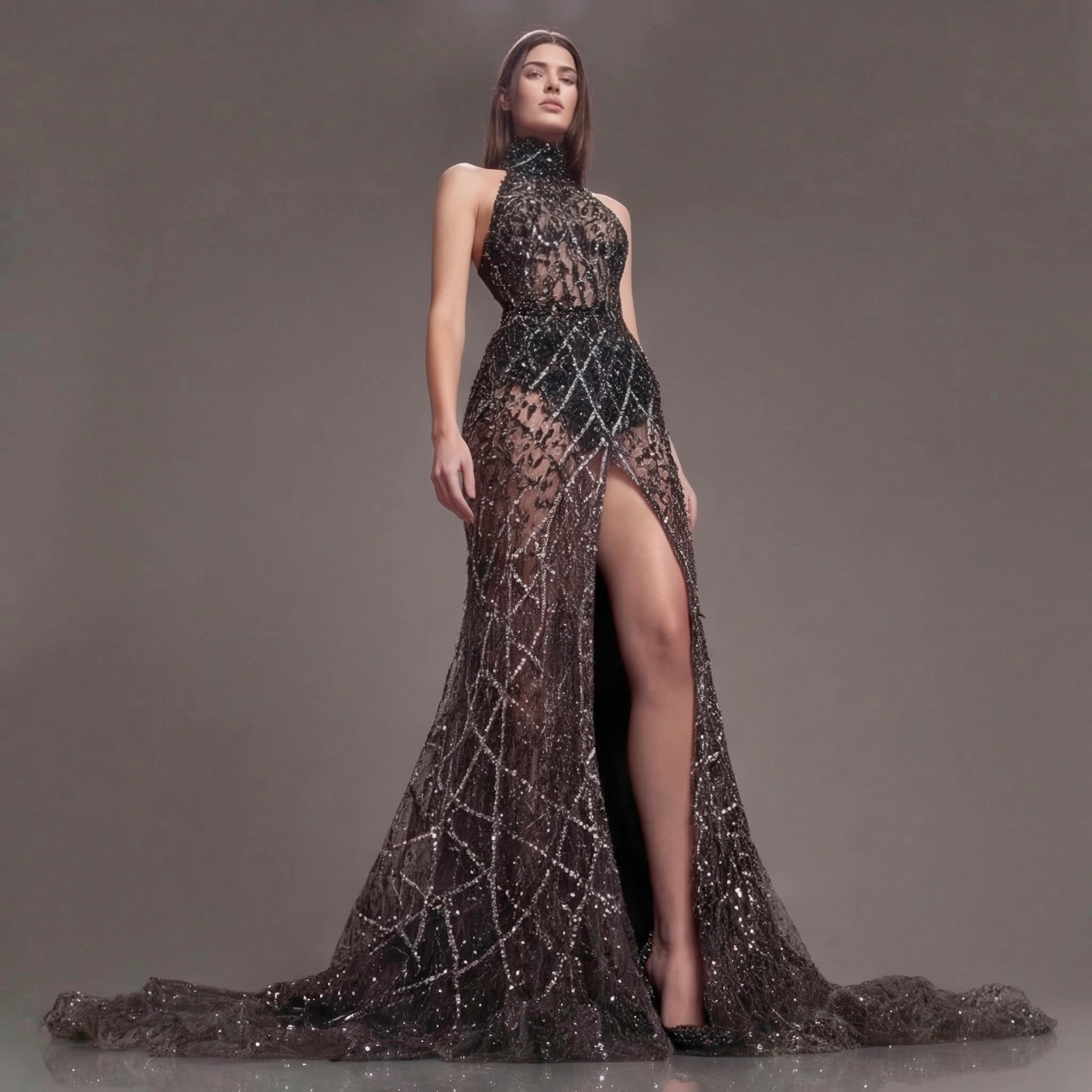 Black Halter Neck Mermaid Gown with Sheer Illusion Bodice, Crystal Embellishments, High Slit and Sparkling Tulle Train