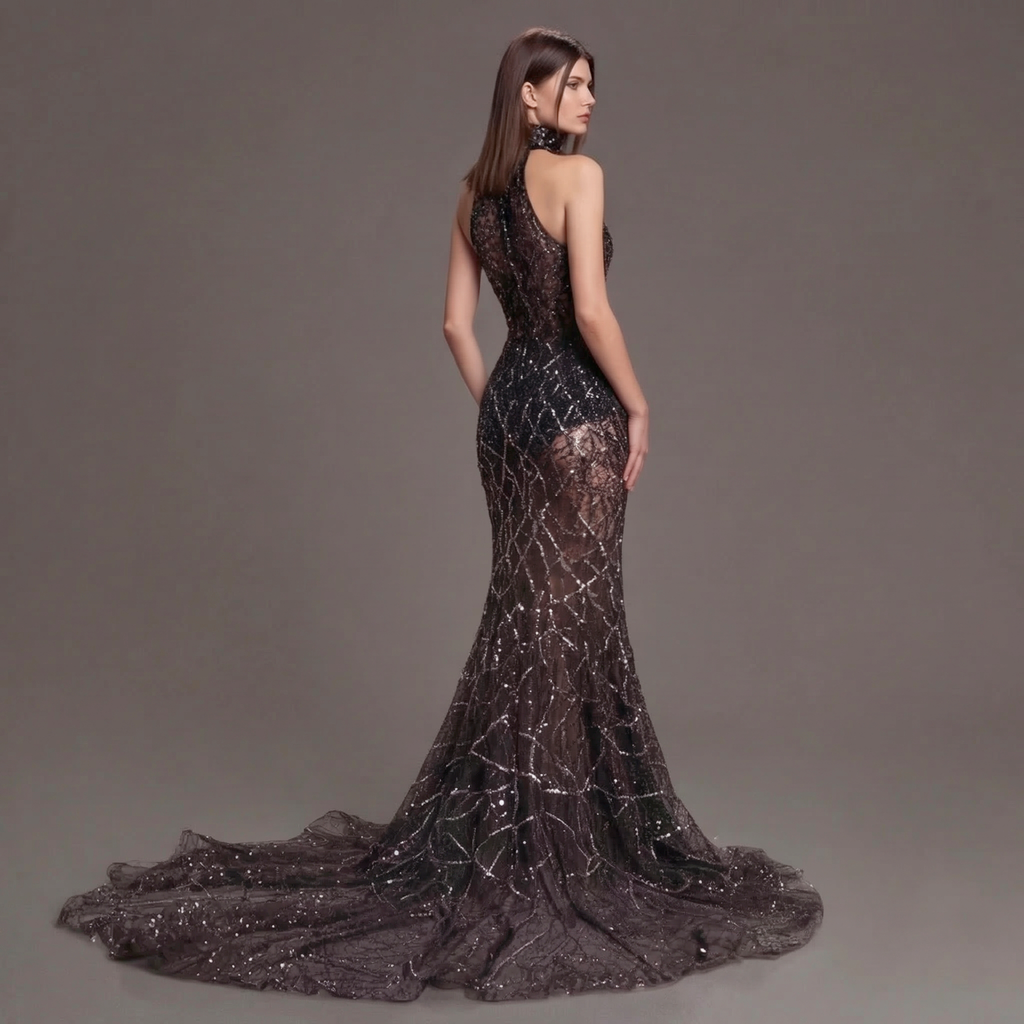 Black Halter Neck Mermaid Gown with Sheer Illusion Bodice, Crystal Embellishments, High Slit and Sparkling Tulle Train