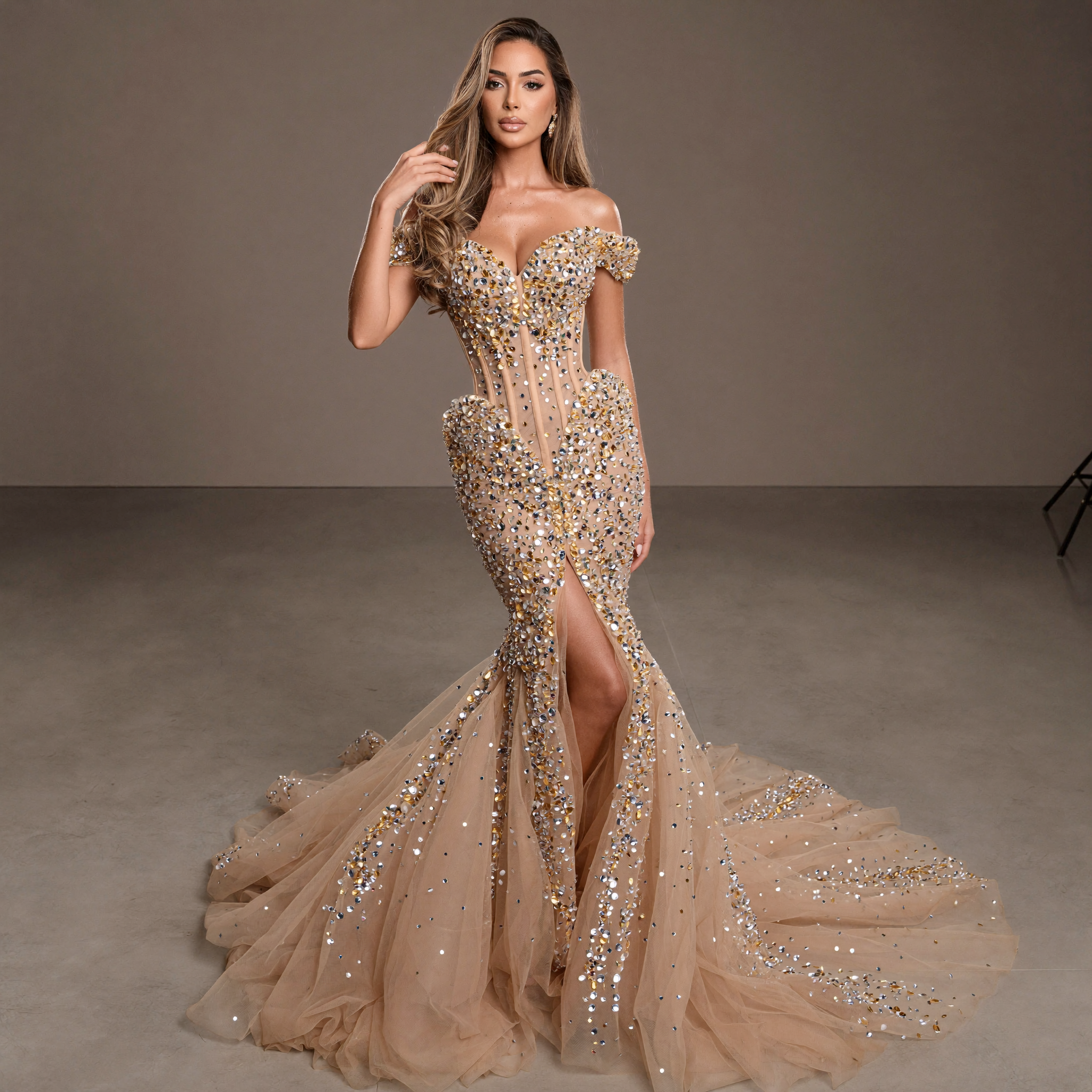 Nude Gold Off-Shoulder Mermaid Gown with Sheer Corset Bodice, Crystal Embellishments, High Slit and Flowing Tulle Train