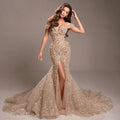 Champagne Gold Off-Shoulder Mermaid Gown with Corset Bodice, Crystal Embellishments, High Slit and Glittering Tulle Train