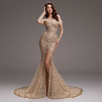 Nude Gold Off-Shoulder Mermaid Gown with Illusion Long Sleeves, Sheer Corset Bodice, Crystal Embellishments and High Slit Train
