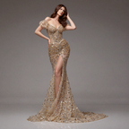Nude Gold Off-Shoulder Mermaid Gown with Sheer Corset Bodice, Crystal Embellishments, High Slit and Glitter Tulle Train