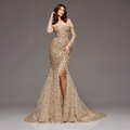 Nude Gold Off-Shoulder Mermaid Gown with Sheer Corset Bodice, Long Illusion Sleeves, Crystal Embellishments and High Slit Train
