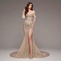 Nude Champagne Off-Shoulder Mermaid Gown with Sheer Corset Bodice, Crystal Embellishments, Long Sleeves and High Slit Train