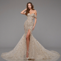 Champagne Off-Shoulder Mermaid Gown with Crystal Embellishments, Sheer Corset Bodice, High Slit and Flowing Train