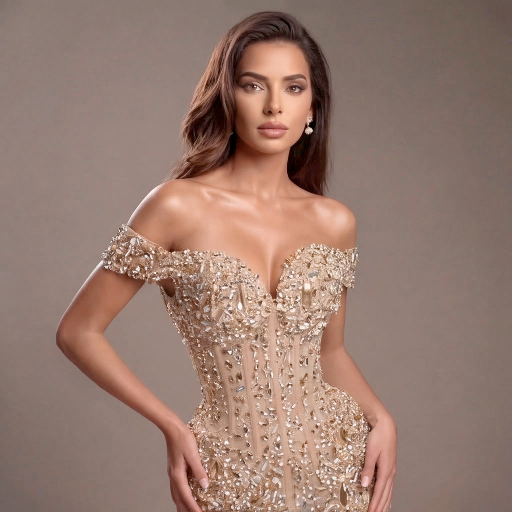 Champagne Gold Off-Shoulder Mermaid Gown with Corset Bodice, Crystal Embellishments, High Slit and Glittering Tulle Train