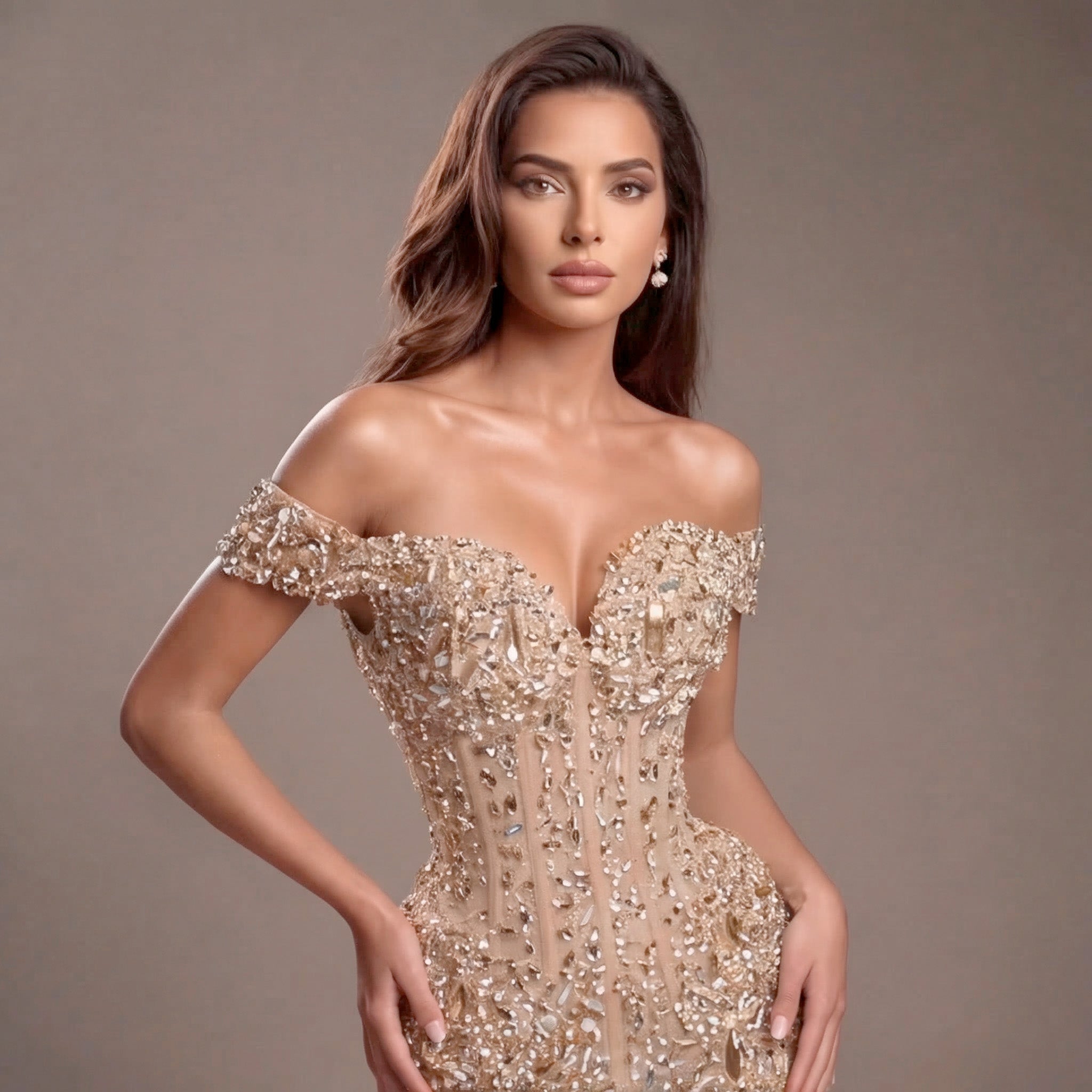 Champagne Gold Off-Shoulder Mermaid Gown with Corset Bodice, Crystal Embellishments, High Slit and Glittering Tulle Train