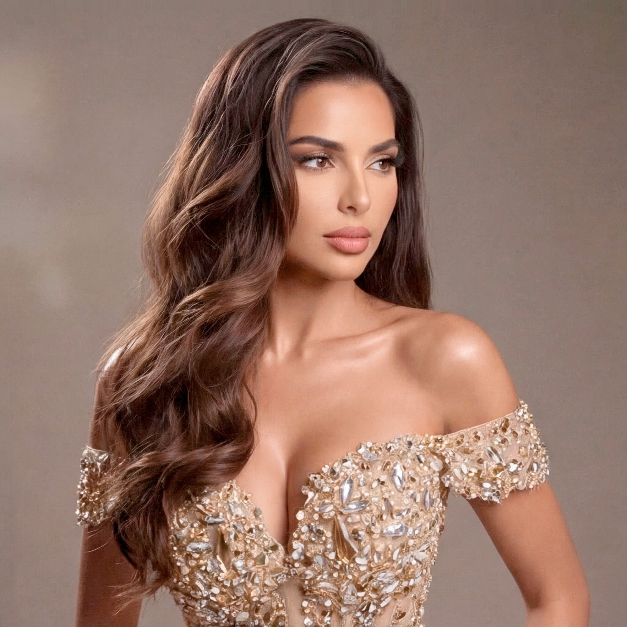 Champagne Gold Off-Shoulder Mermaid Gown with Corset Bodice, Crystal Embellishments, High Slit and Glittering Tulle Train