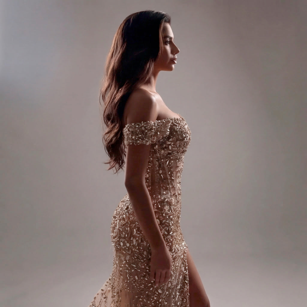 Champagne Gold Off-Shoulder Mermaid Gown with Corset Bodice, Crystal Embellishments, High Slit and Glittering Tulle Train