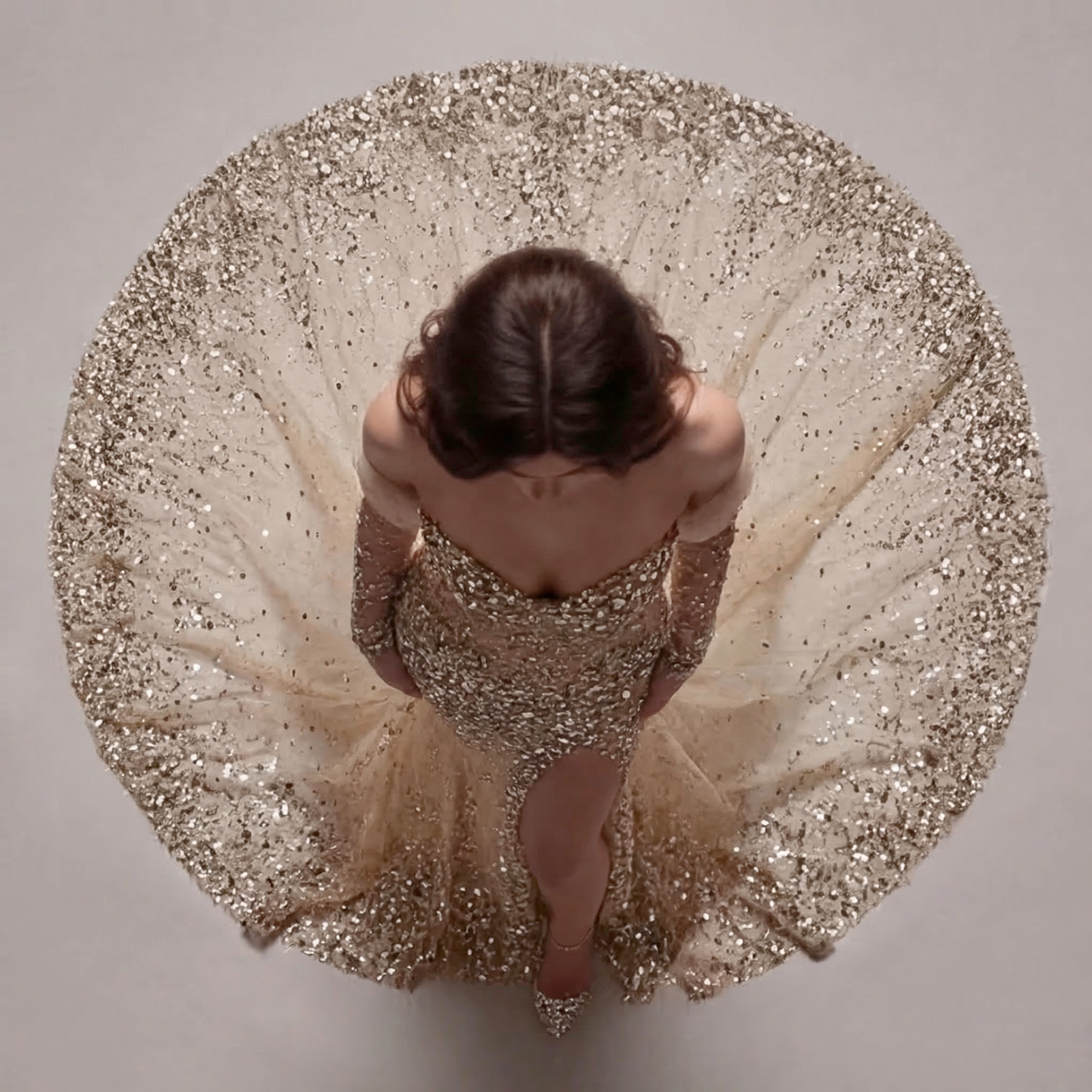 Nude Champagne Off-Shoulder Mermaid Gown with Sheer Corset Bodice, Crystal Embellishments, Long Sleeves and High Slit Train