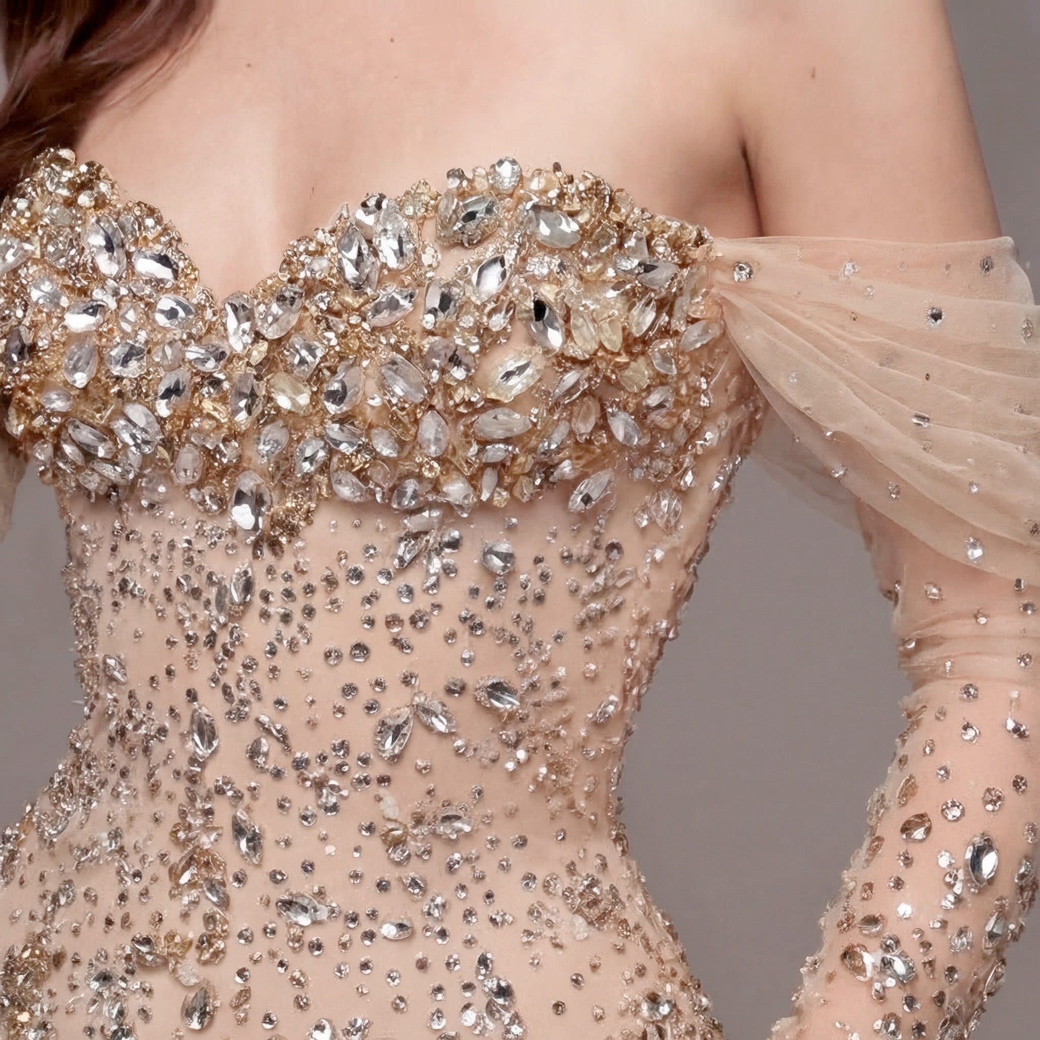 Nude Champagne Off-Shoulder Mermaid Gown with Sheer Corset Bodice, Crystal Embellishments, Long Sleeves and High Slit Train