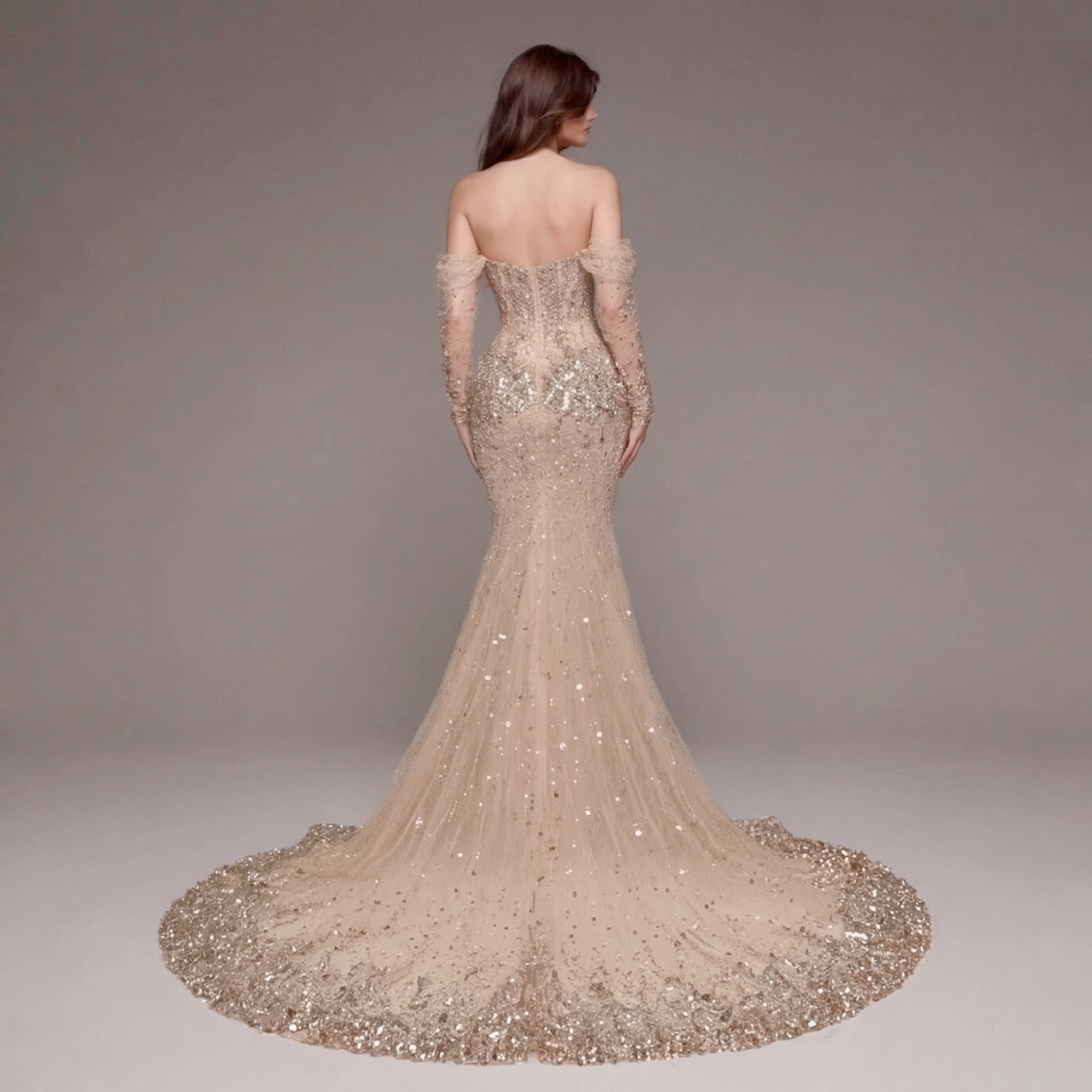 Nude Champagne Off-Shoulder Mermaid Gown with Sheer Corset Bodice, Crystal Embellishments, Long Sleeves and High Slit Train