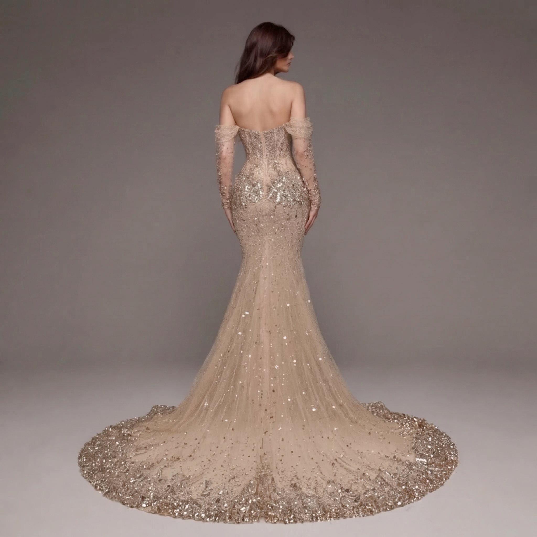 Nude Champagne Off-Shoulder Mermaid Gown with Sheer Corset Bodice, Crystal Embellishments, Long Sleeves and High Slit Train
