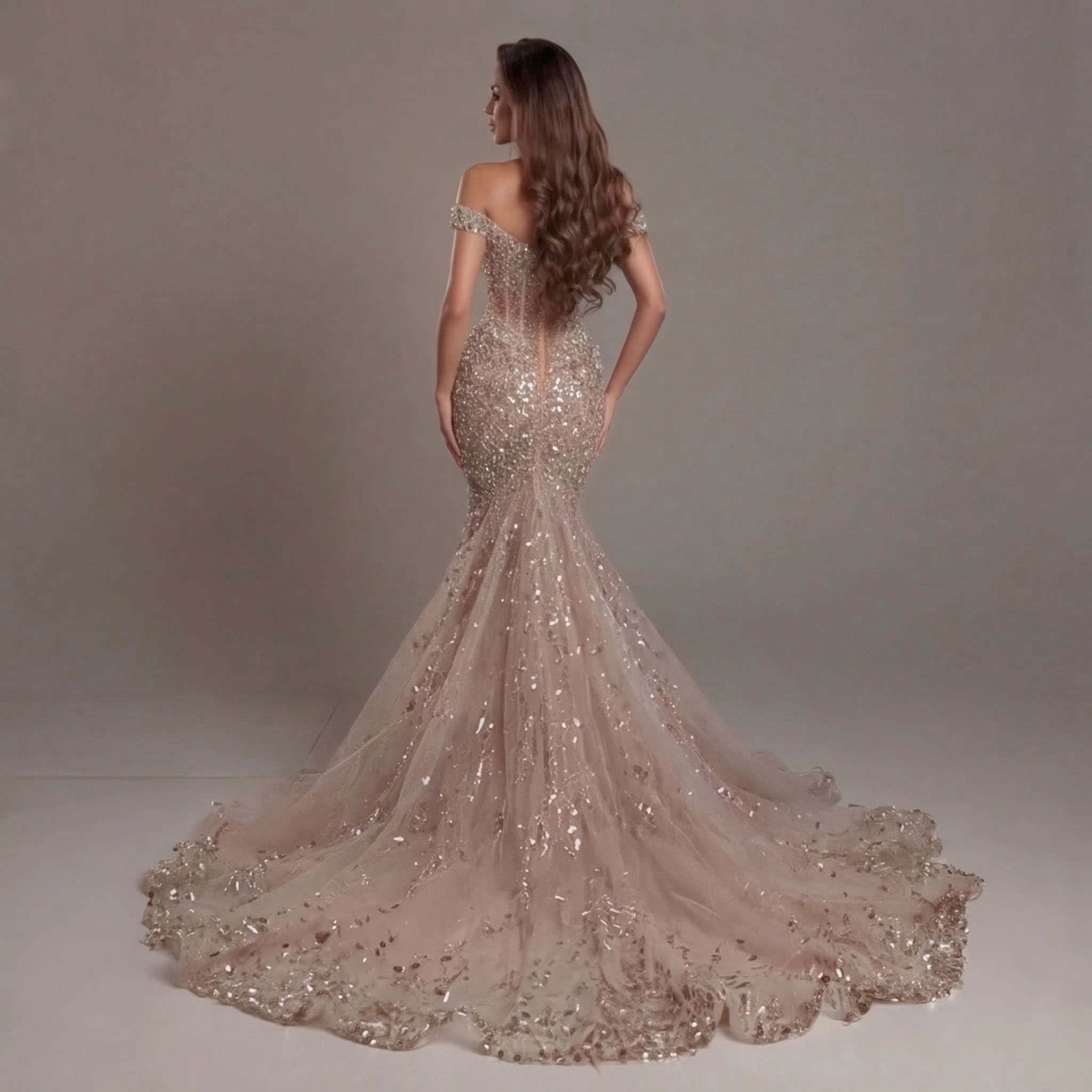 Blush Champagne Off-Shoulder Mermaid Gown with Sheer Corset Bodice, Crystal Embellishments, High Slit and Sparkling Tulle Train