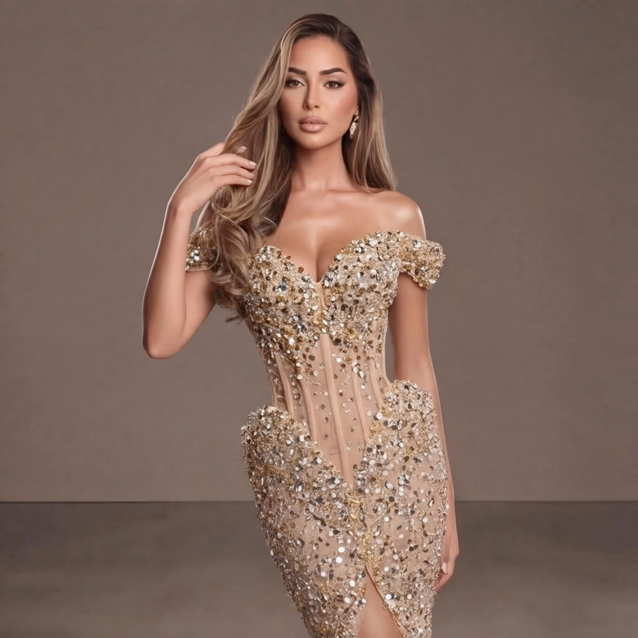 Nude Gold Off-Shoulder Mermaid Gown with Sheer Corset Bodice, Crystal Embellishments, High Slit and Flowing Tulle Train