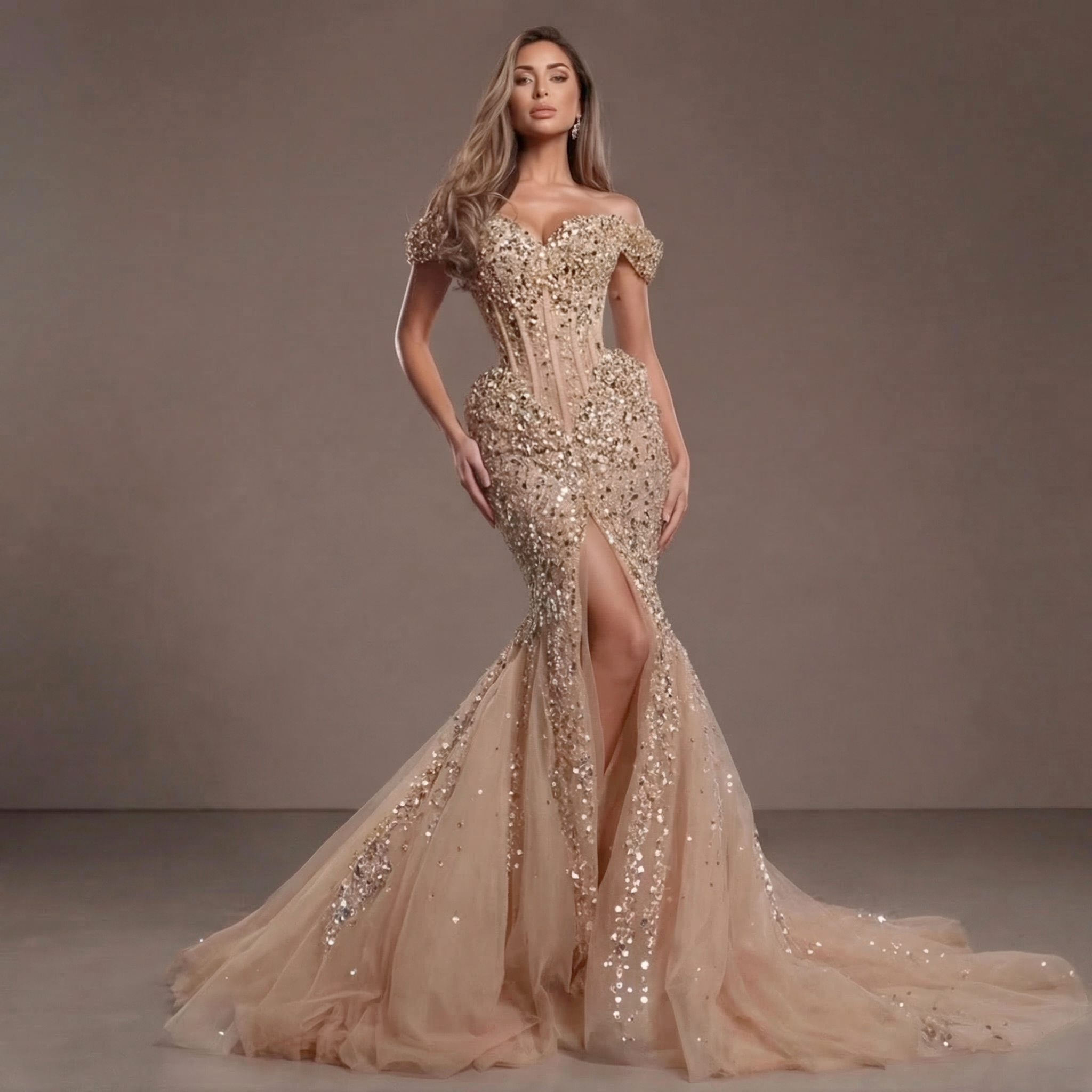 Nude Gold Off-Shoulder Mermaid Gown with Sheer Corset Bodice, Crystal Embellishments, High Slit and Flowing Tulle Train
