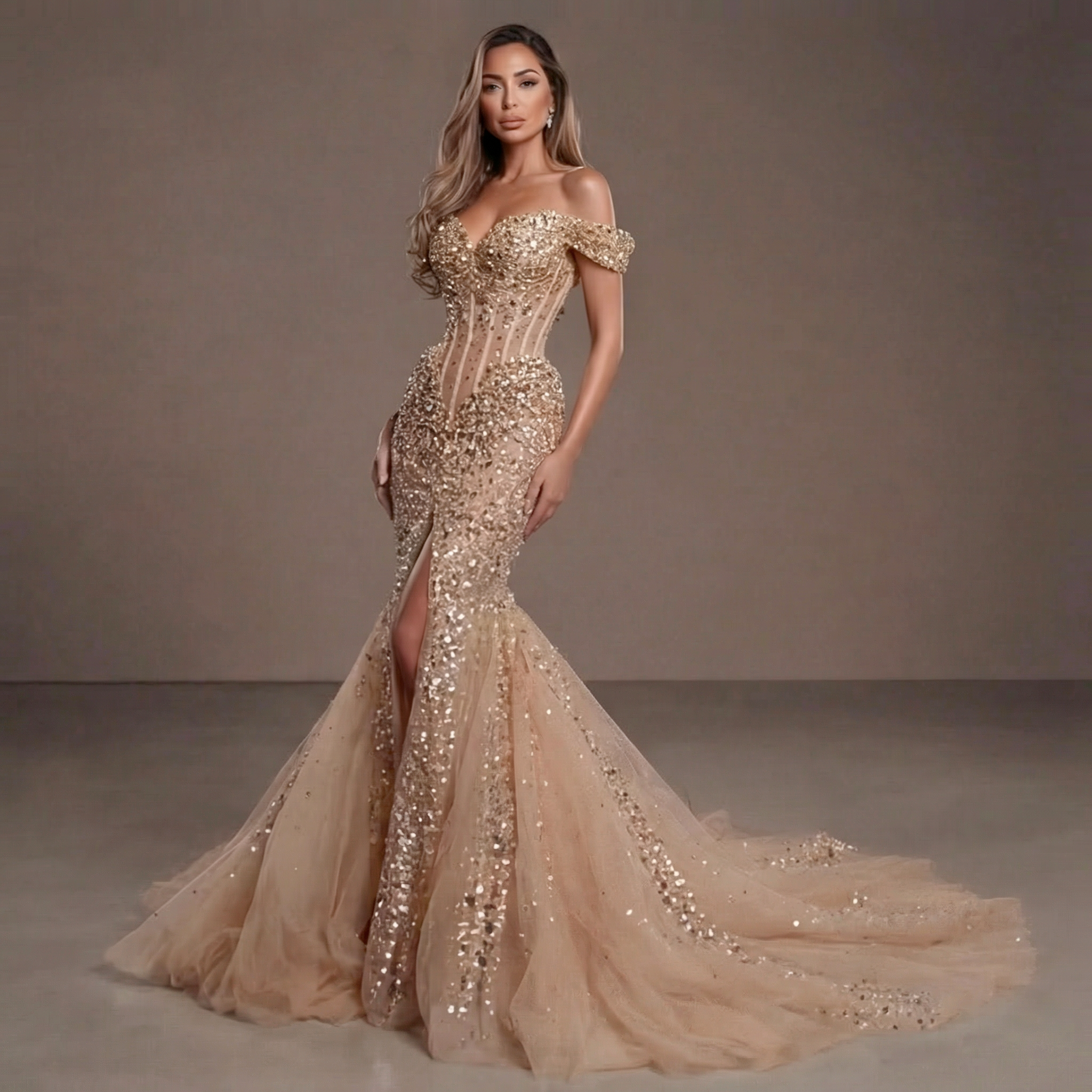 Nude Gold Off-Shoulder Mermaid Gown with Sheer Corset Bodice, Crystal Embellishments, High Slit and Flowing Tulle Train