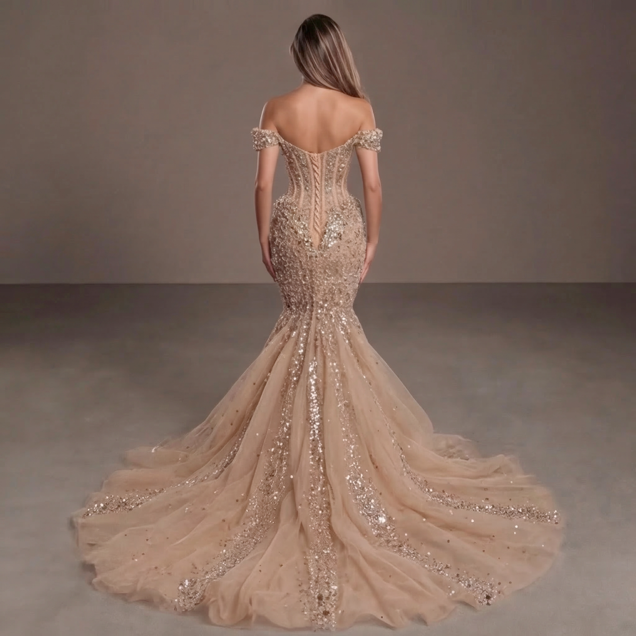 Nude Gold Off-Shoulder Mermaid Gown with Sheer Corset Bodice, Crystal Embellishments, High Slit and Flowing Tulle Train