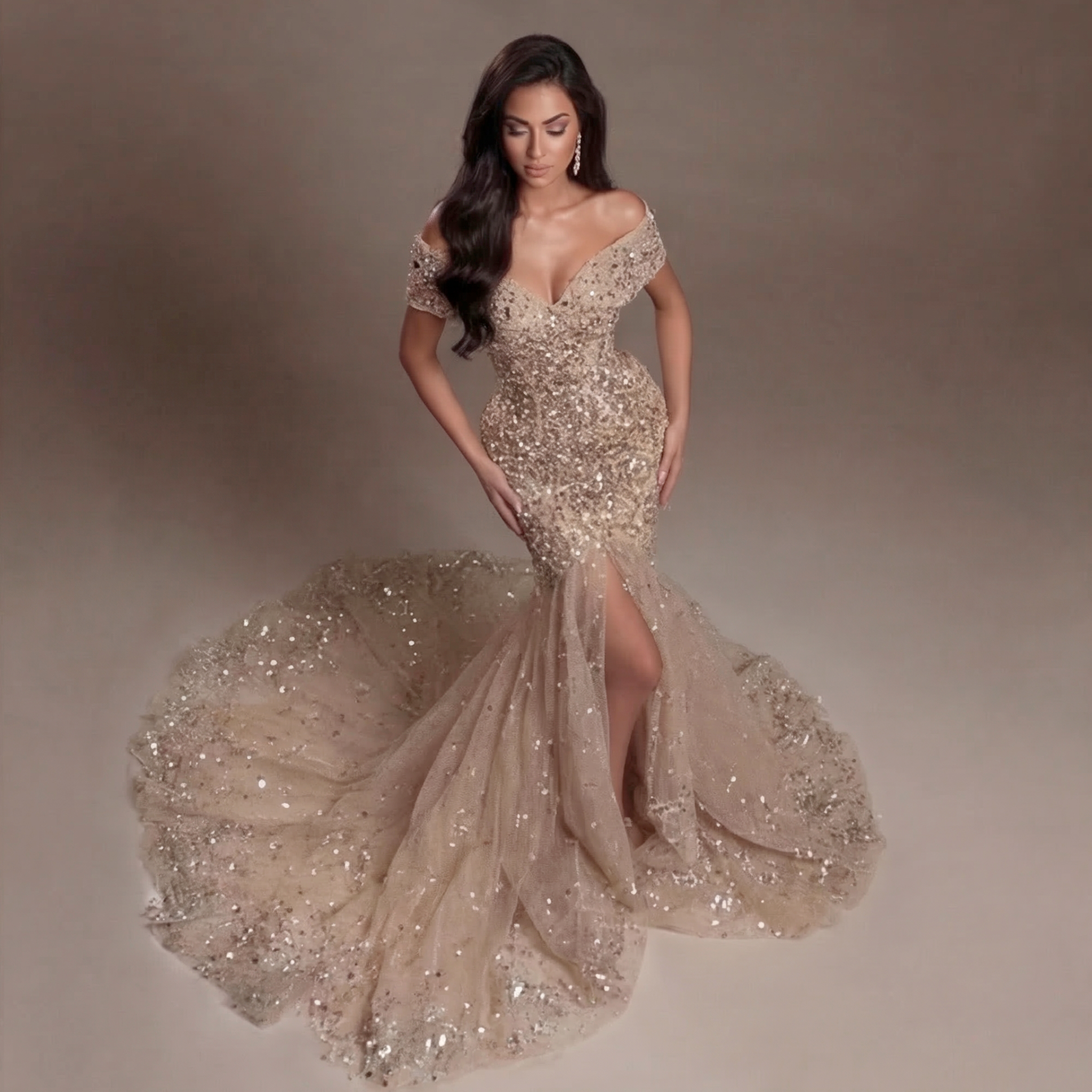 Nude Gold Off-Shoulder Mermaid Gown with Sheer Corset Bodice, Crystal Embellishments, High Slit and Flowing Tulle Train