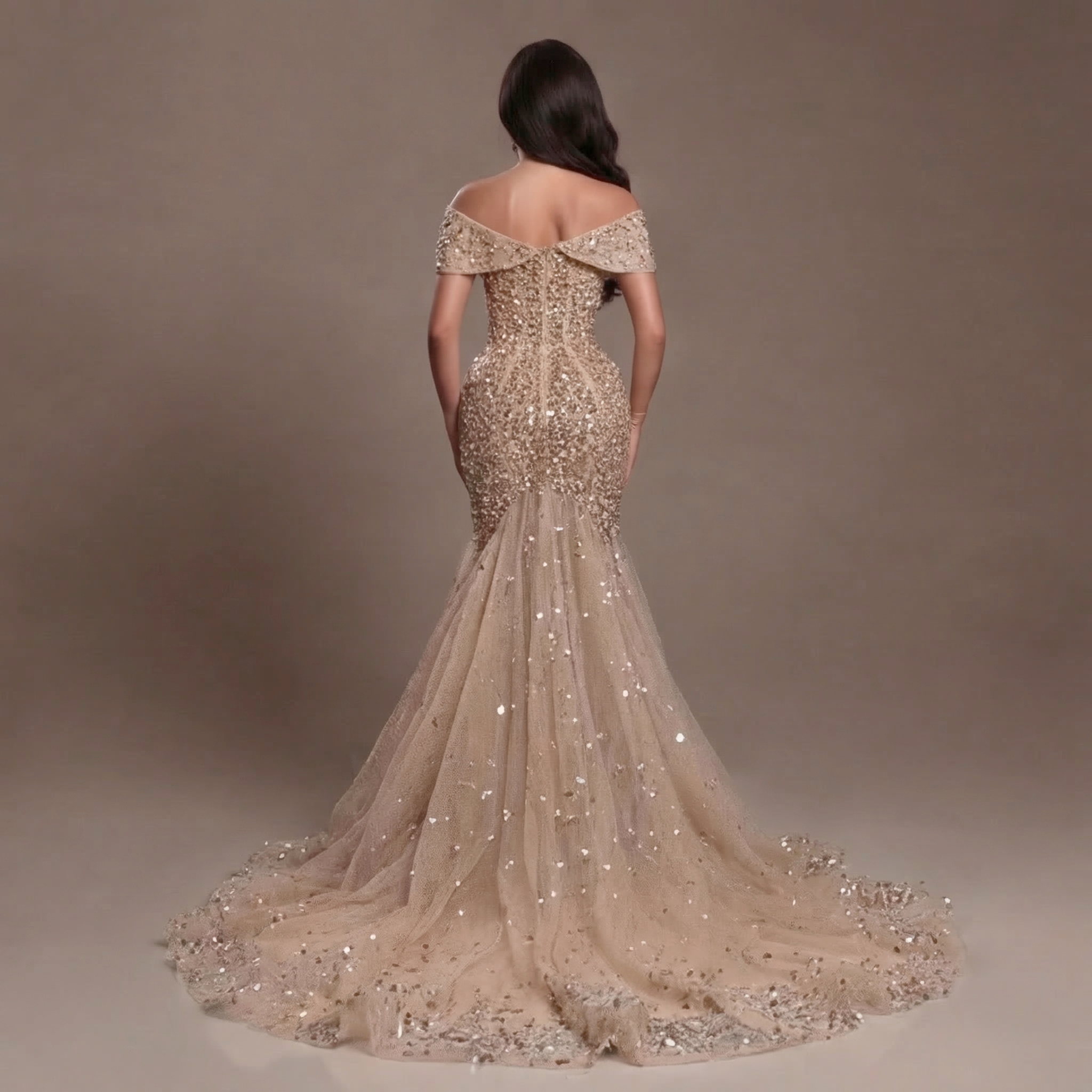 Nude Gold Off-Shoulder Mermaid Gown with Sheer Corset Bodice, Crystal Embellishments, High Slit and Flowing Tulle Train