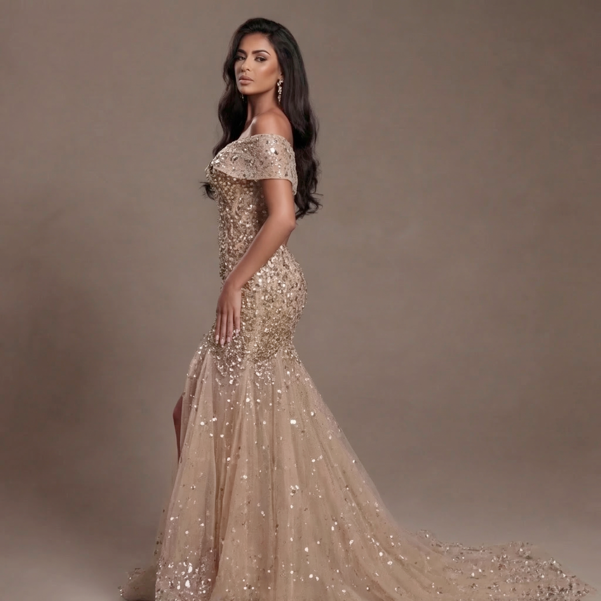 Nude Gold Off-Shoulder Mermaid Gown with Sheer Corset Bodice, Crystal Embellishments, High Slit and Flowing Tulle Train
