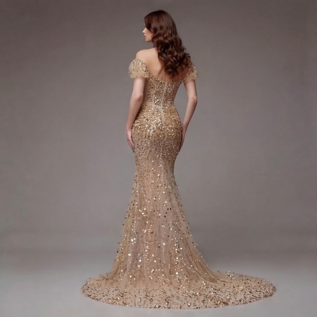 Nude Gold Off-Shoulder Mermaid Gown with Sheer Corset Bodice, Crystal Embellishments, High Slit and Glitter Tulle Train