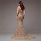 Nude Gold Off-Shoulder Mermaid Gown with Sheer Corset Bodice, Crystal Embellishments, High Slit and Glitter Tulle Train