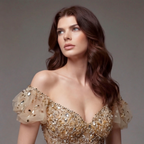 Nude Gold Off-Shoulder Mermaid Gown with Sheer Corset Bodice, Crystal Embellishments, High Slit and Glitter Tulle Train