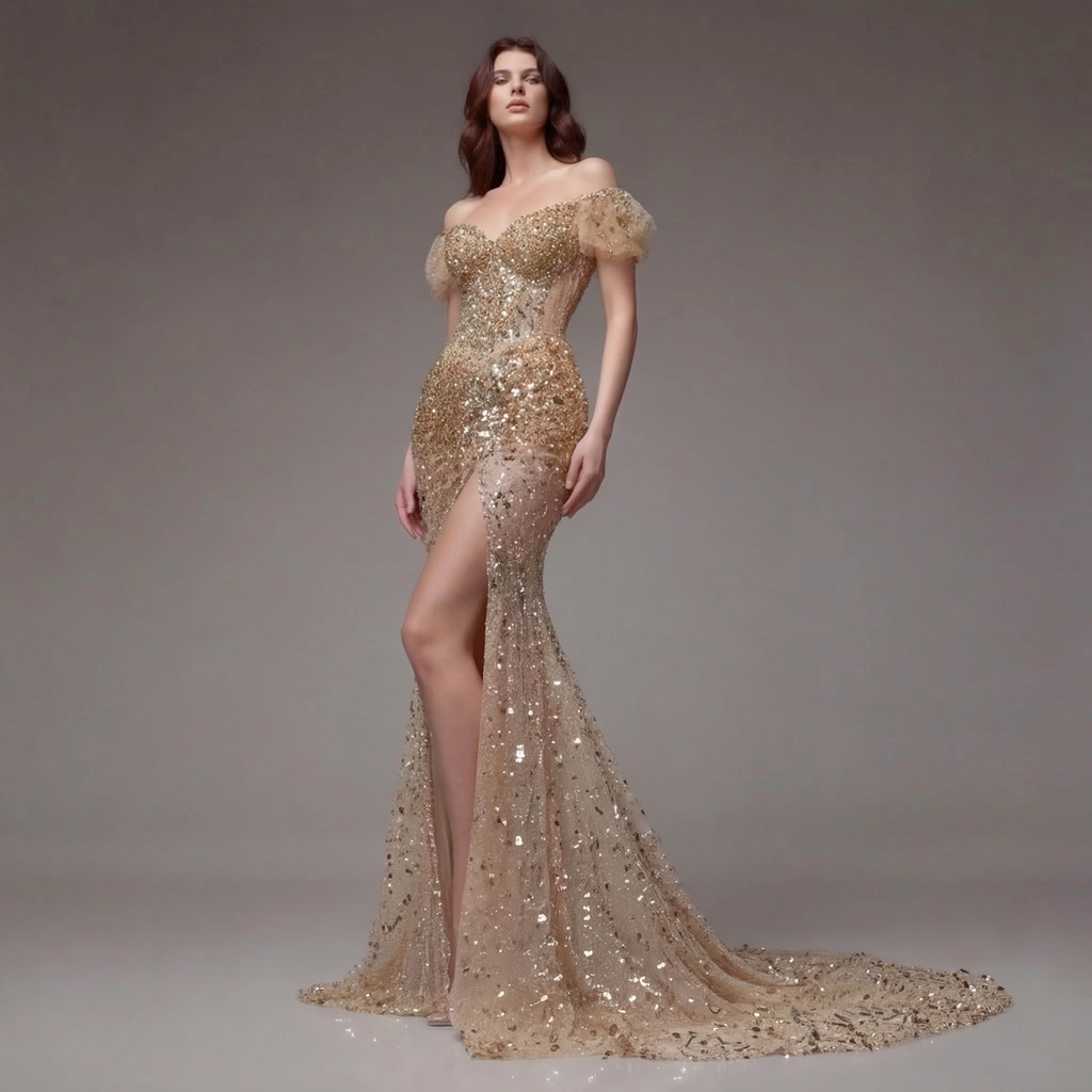 Nude Gold Off-Shoulder Mermaid Gown with Sheer Corset Bodice, Crystal Embellishments, High Slit and Glitter Tulle Train