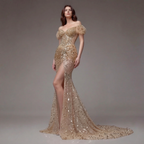 Nude Gold Off-Shoulder Mermaid Gown with Sheer Corset Bodice, Crystal Embellishments, High Slit and Glitter Tulle Train