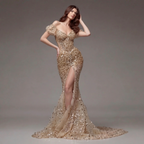 Nude Gold Off-Shoulder Mermaid Gown with Sheer Corset Bodice, Crystal Embellishments, High Slit and Glitter Tulle Train